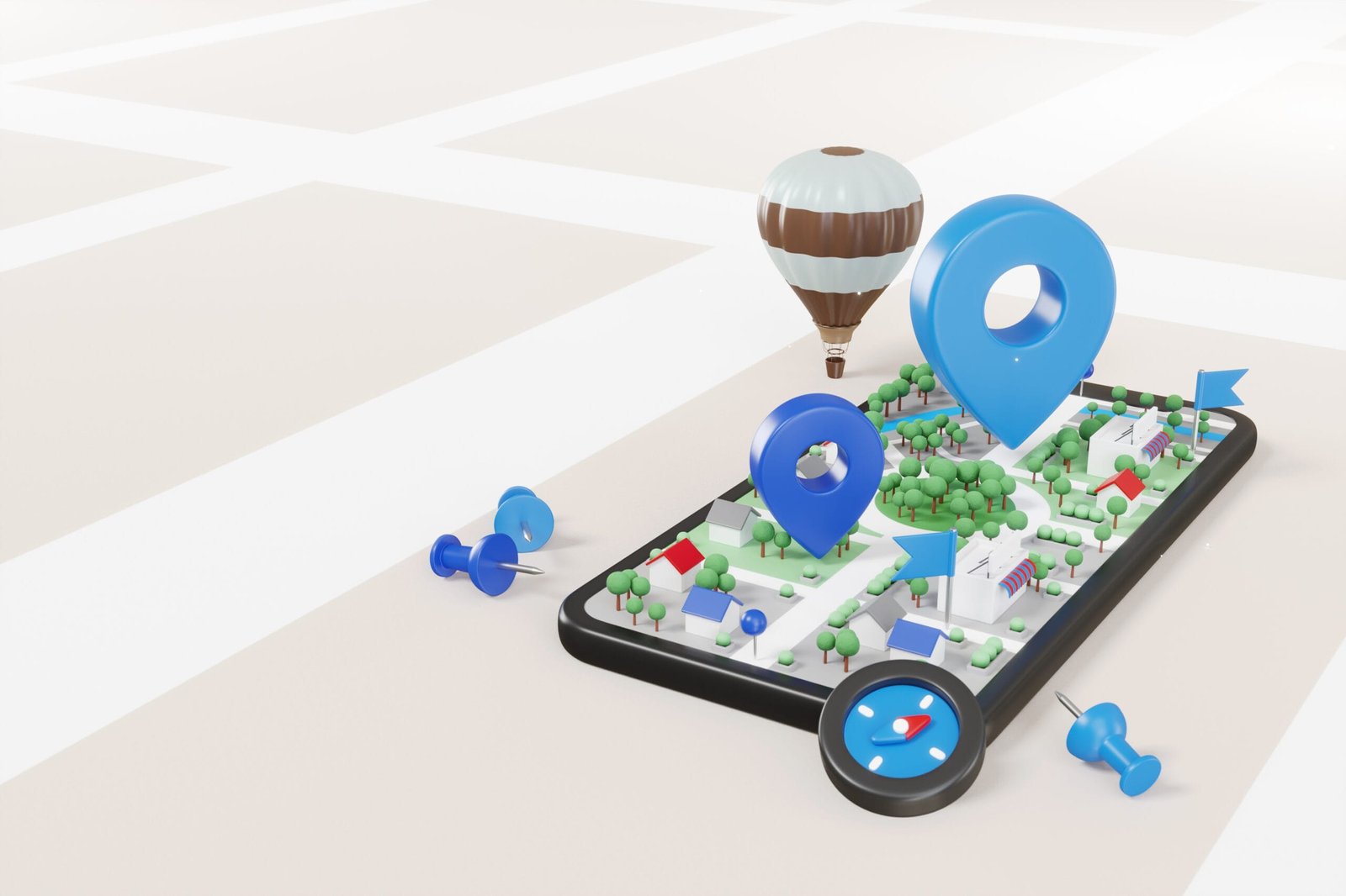3D digital map on a smartphone with location markers and a compass.