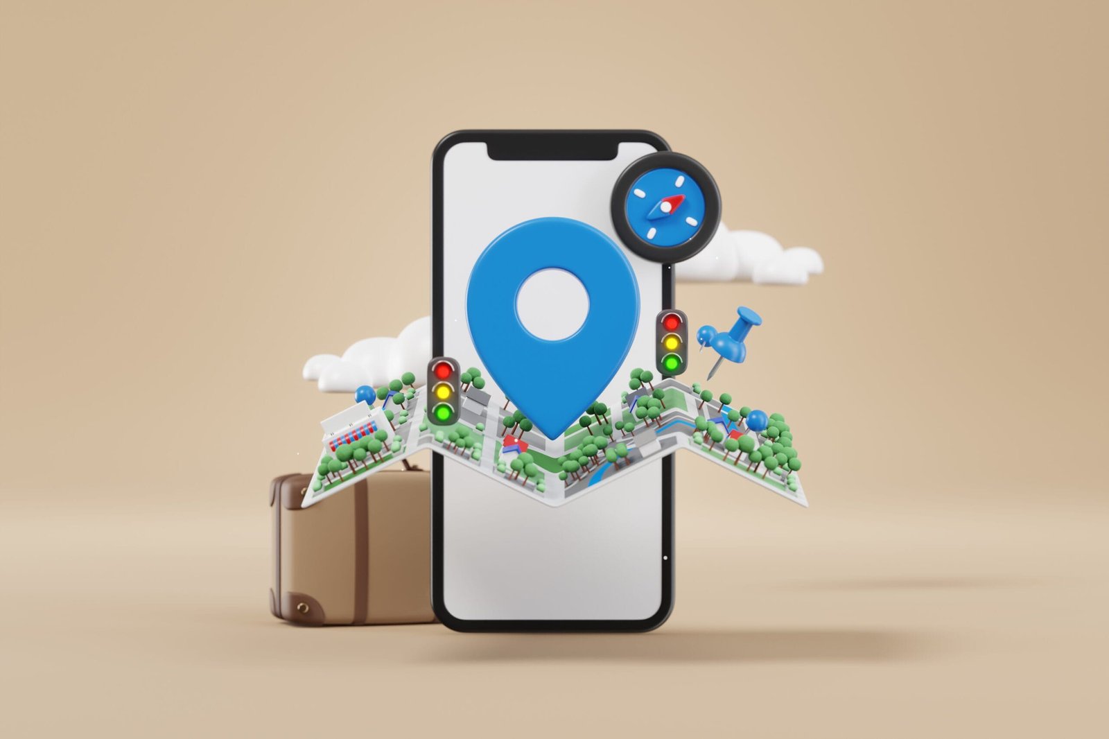 3D digital map with location markers emerging from a smartphone screen.
