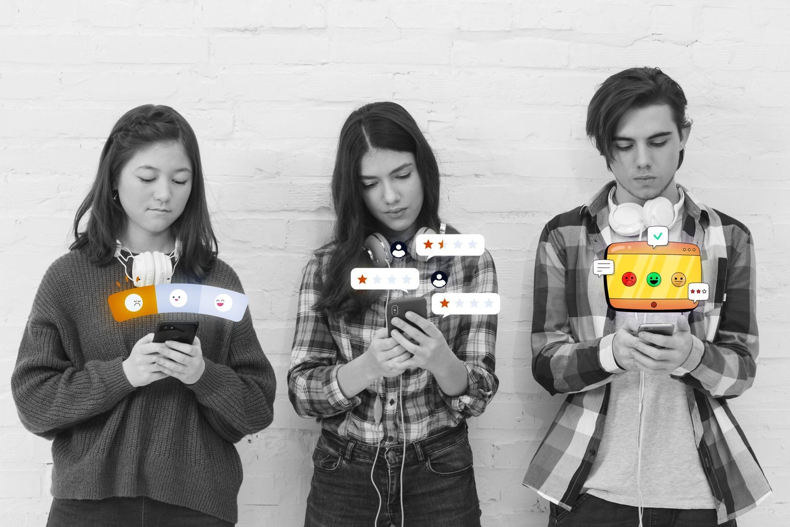 Three young people using smartphones, with digital overlays of ratings, reviews, and emotions representing online feedback and customer experience.