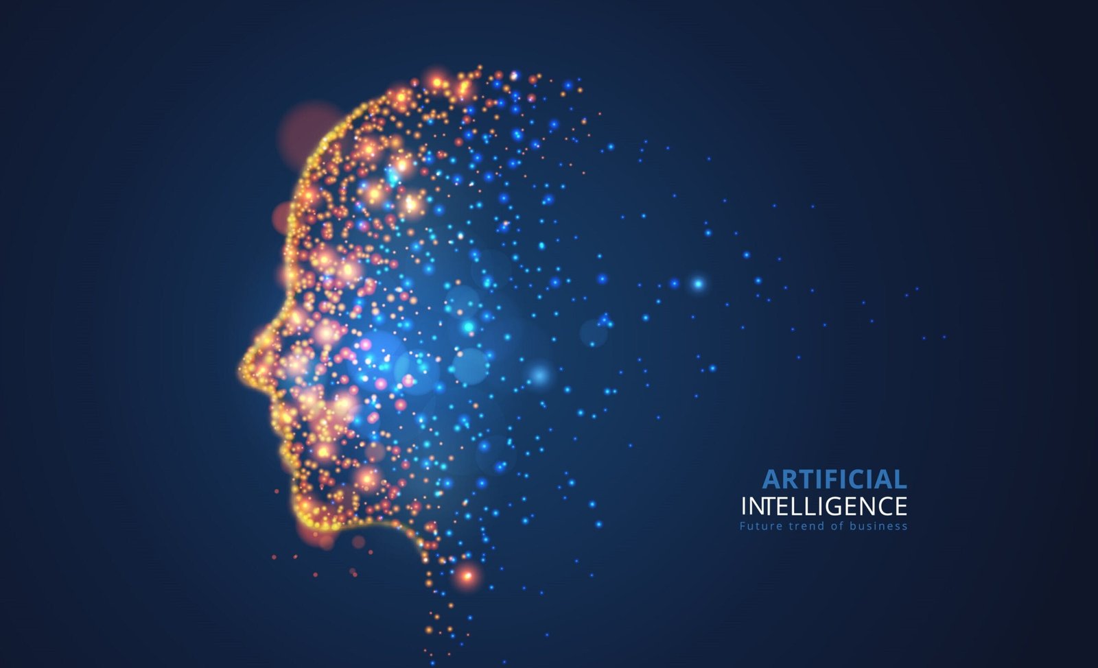 Digital human head made of glowing particles, symbolizing artificial intelligence.